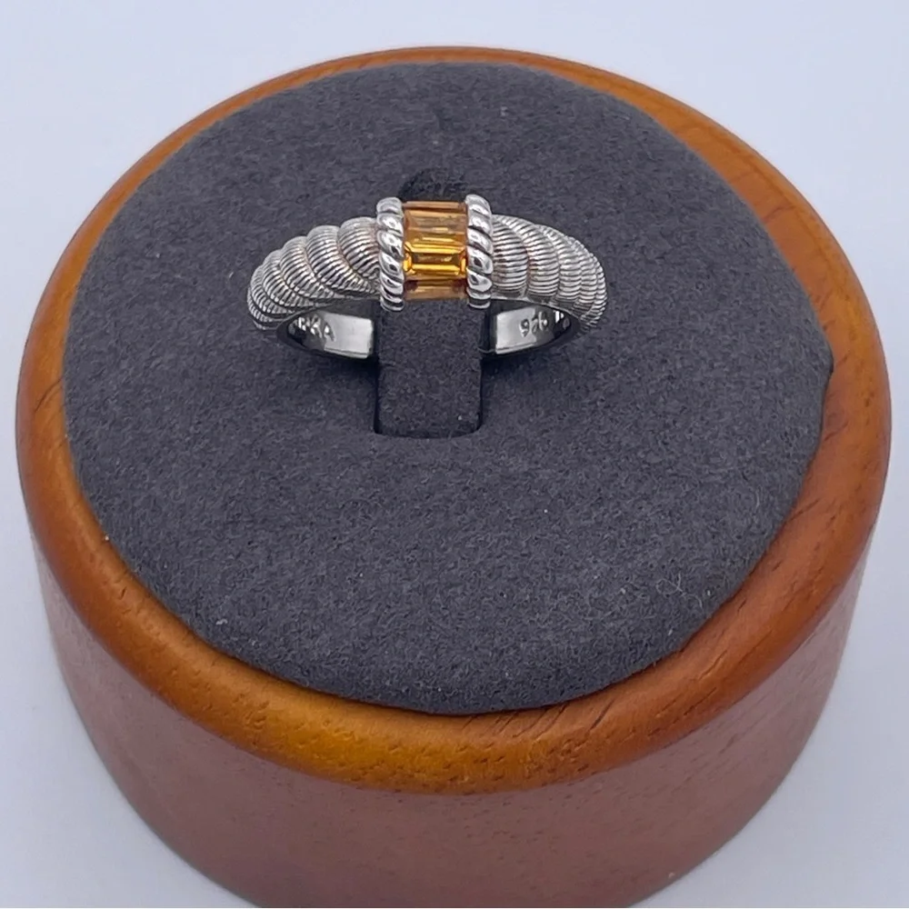 Judith Ripka Sterling Silver 925 Textured Ring Citrine Baguette Rhodium Plated